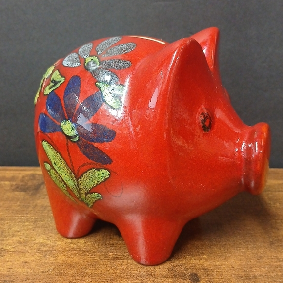 Vintage Stoneware Piggy Bank Glazed Floral Coin Container - Picture 5 of 10
